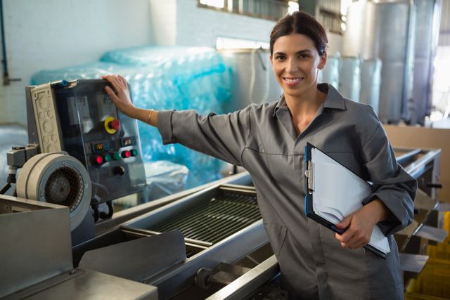 Woman standing near machinery in an olive factory, holding a clipboard and smiling. Ideal for use in articles about industrial manufacturing, quality control processes, factory work environments, and professional women in industry.