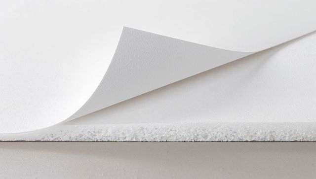 Textured paper curl revealing foam core closeup minimal white stationery background