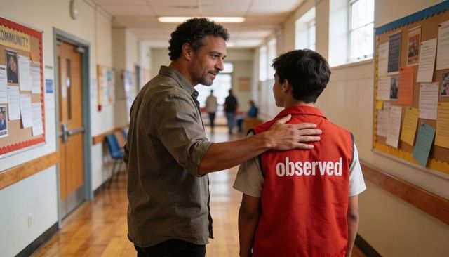 Mentor guiding teen in school hallway with supportive hand on shoulder, vest 'observed'