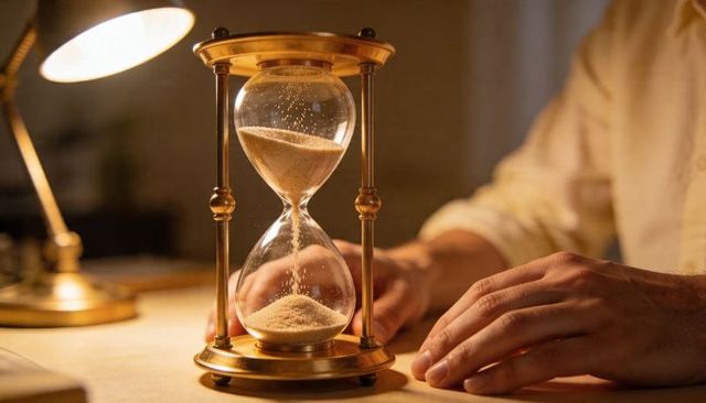 Brass Hourglass Flowing Sand on Desk with Hands Resting under Warm Lamp Light