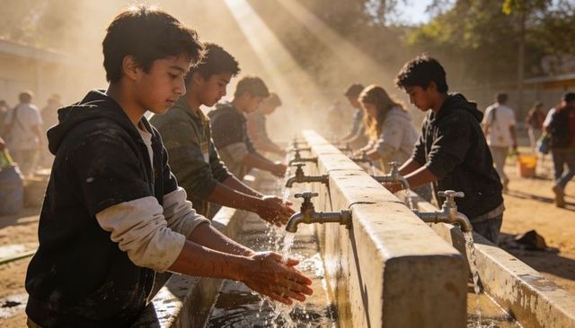 Teenage boys washing hands at outdoor concrete trough with sunbeams and water droplets