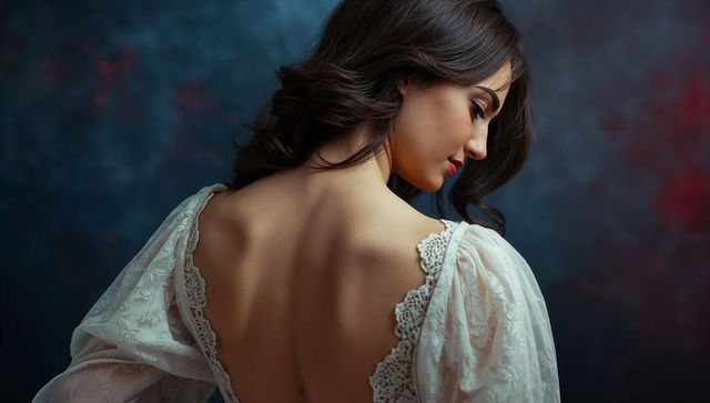 Elegant model in lace open back gown in studio portrait