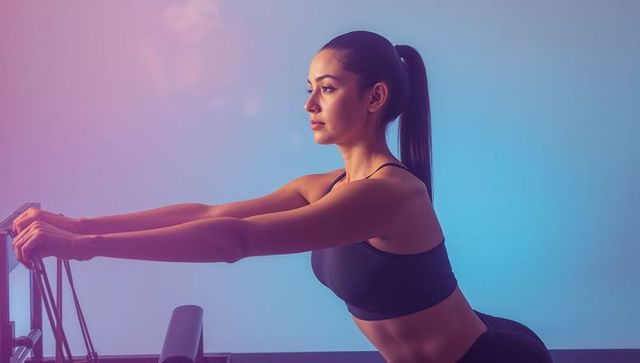 Asian Woman Strengthens Muscles with Reformer Pilates Exercise