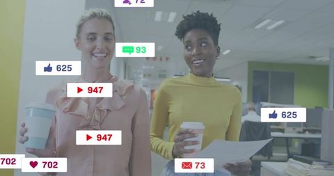Walking coworkers holding coffee and documents in open-office with social media overlays