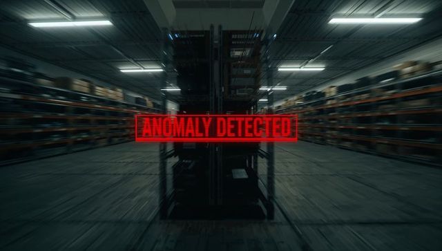 Warehouse server rack alert with red anomaly detected overlay, cybersecurity threat visual