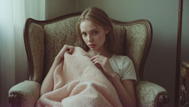 Cozy Relaxation in Vintage Armchair with Pink Blanket