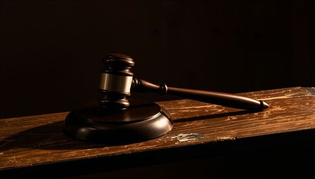 Antique wooden judge gavel with brass band on worn bench evoking justice and verdict