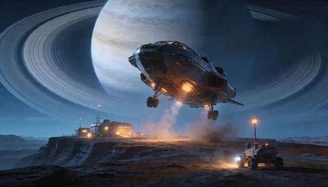 Hovering Cargo Lander Descending Over Rocky Outpost Beside Ringed Gas Giant at Night