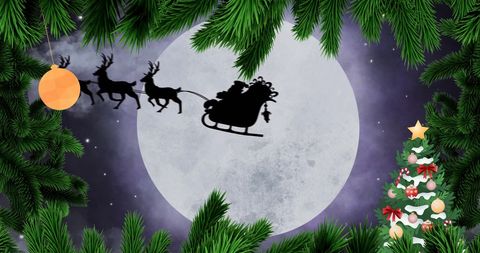 Santa's sleigh silhouette against full moon with festive decor