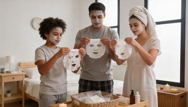 Family enjoying at-home spa night with sheet masks and candles in cozy bedroom