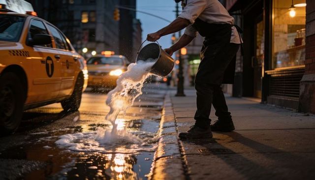 Male worker pouring foamy water on sidewalk at dusk outside shop with taxi reflections