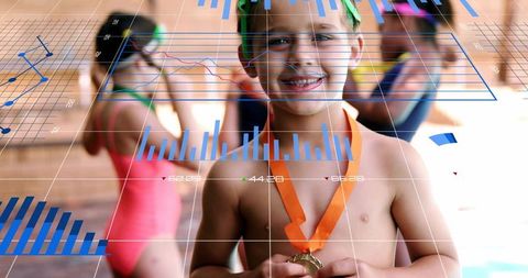 Young swimmer holding gold medal smiling with teammates at pool HUD data overlay
