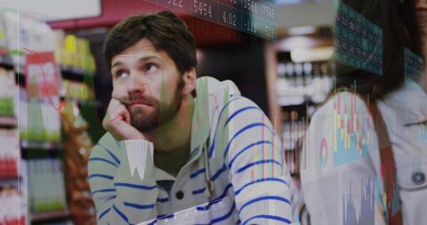 Contemplative Shopper Amid Grocery Aisle with Chart Overlay