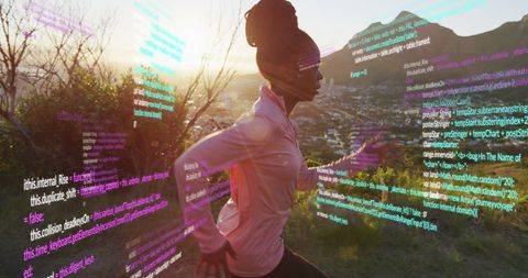 Digital Interface with Woman Running Against City Backdrop
