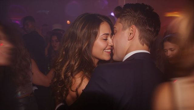 Young couple embracing and whispering on crowded nightclub dance floor under purple lights