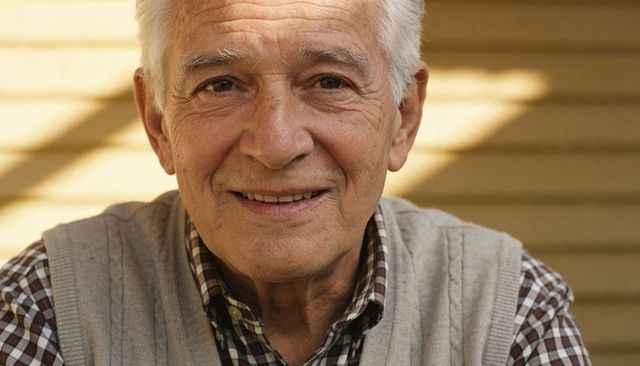Smiling senior man on sunlit porch wearing checkered shirt, knit vest, closeup portrait