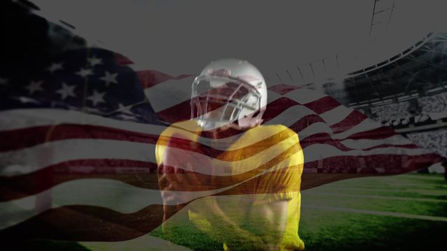 Conceptual illustration depicting an American football player in action with a superimposed USA flag background on a stadium field. Relates to themes of patriotism, national pride, and sportsmanship. Ideal for use in sporting events promotion, American lifestyle themes, athletic campaigns, and patriotic rallies.