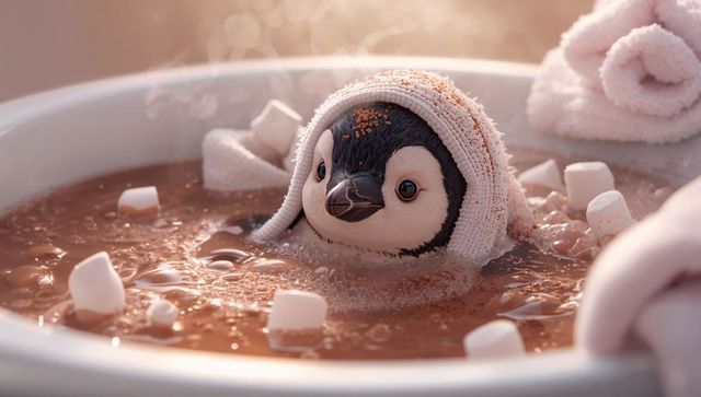 Penguin chick soaking in hot cocoa with marshmallows and cozy pink towel
