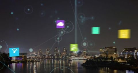 Digitized Network Over Urban Skyline at Night