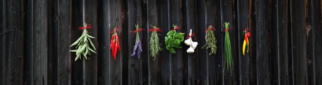 Colorful fresh herbs and vegetables hanging on wooden fence - Download Free Stock Images Pikwizard.com