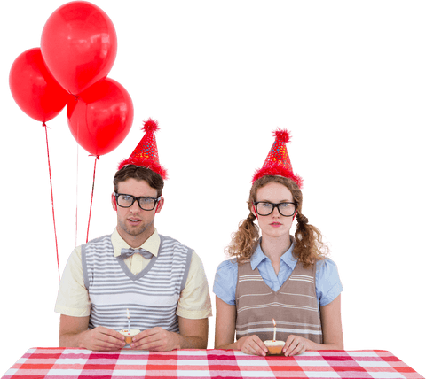 Transparent Geeky Hipster Couple with Cupcakes and Party Hats