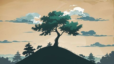 Anime serene tree on rolling hill with artistic sky