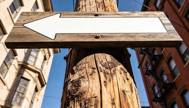 Weathered Wooden Directional Arrow Pointing Left on Utility Pole in Sunlit Urban Streets