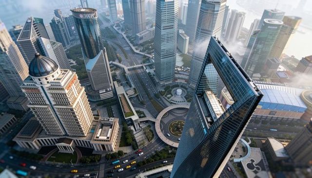 Soaring glass skyscraper with trapezoid opening over busy downtown roundabout and roads