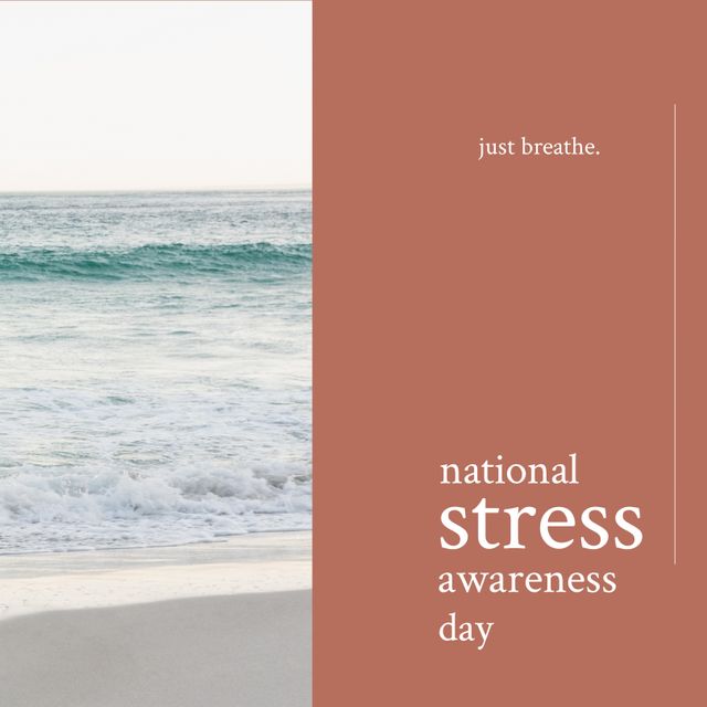 Background of calming ocean waves with National Stress Awareness Day text. Ideal for promoting mental health awareness, stress management, wellness programs, and self-care campaigns. Use in health blogs, social media posts, digital posters, and mental wellness articles.