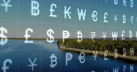 Global Currencies Floating Over Serene Coastal Landscape