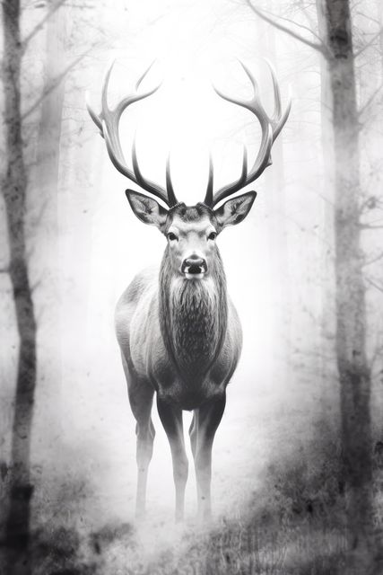 Black and white portrait of deer in misty forest, created using generative ai technology. Nature, wildlife, mystery and tranquility concept digitally generated image.
