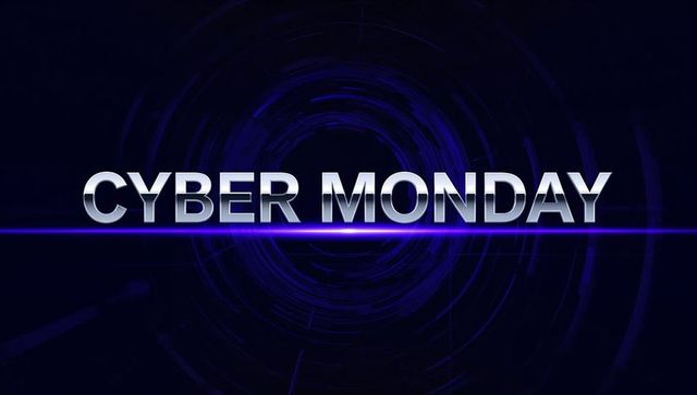 Cyber Monday Chrome Text with Neon Line and Futuristic Digital Circuit Portal Rings