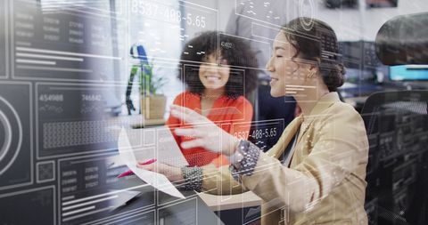 Diverse Team Collaborating on Financial Data with High-Tech Overlay