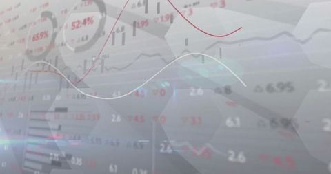 Displaying abstract financial dashboard with red and white trend lines and candlestick charts