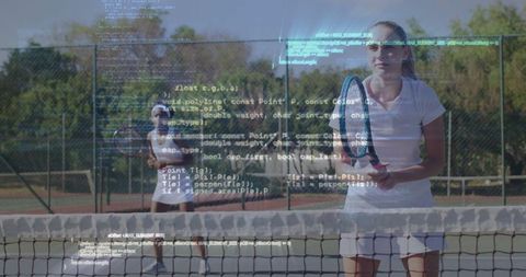 Female Tennis Players with Futuristic Code Overlay