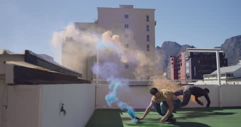 Dynamic Parkour Roof Skills with Colorful Flares