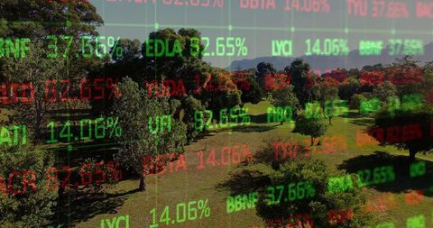 Double-exposure park landscape with stock ticker overlay for finance and nature concept