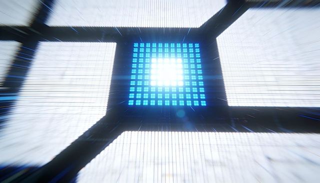 Futuristic glowing blue led grid ceiling with radiant center and dynamic light rays for tech backgro