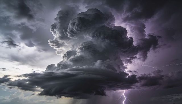 Towering Cumulonimbus Releasing Violet Lightning Over Dark Horizon