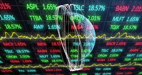 Holographic global market visualization spinning globe neon tickers orbital rings