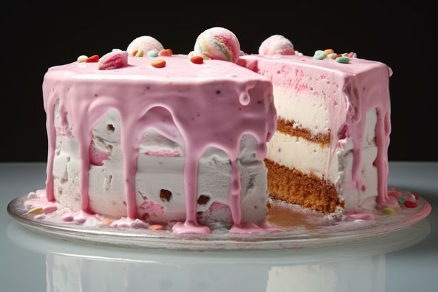 Sliced ice cream cake with pink icing and sweets on top, created using generative ai technology. Cake, celebration, treat, sweet food and deserts concept digitally generated image.