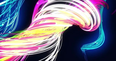 Swirling neon light ribbons creating futuristic motion across deep navy black background