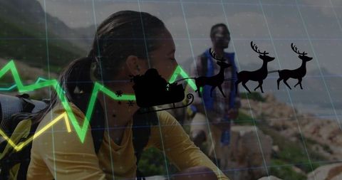 Hikers exploring coastline - festive overlay with santa's sleigh