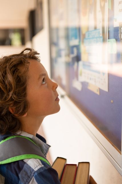 Schoolboy looking at noticeboard in the corridor - Download Free Stock Photos Pikwizard.com