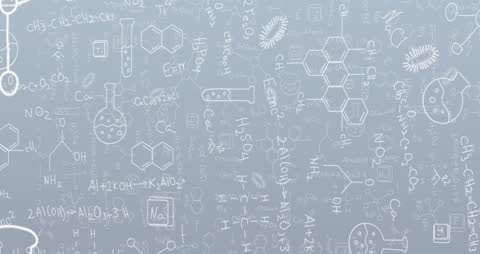 Animated Science Icons and Equations on Grey Background