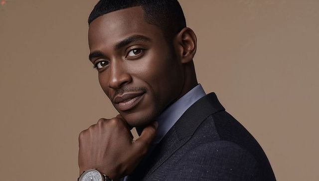 Confident businessman headshot in navy suit with silver watch on minimalist beige backdrop