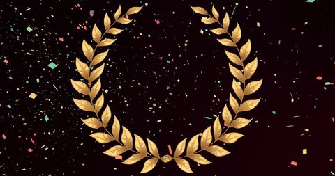 Gold laurel wreath with confetti celebrating victory