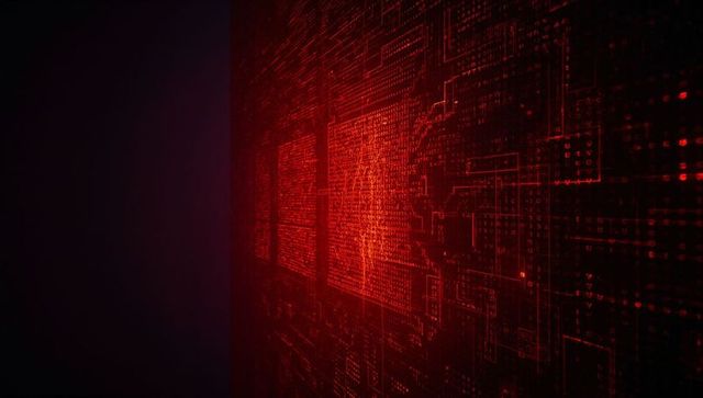 Glowing red digital circuit board with data nodes and connectivity