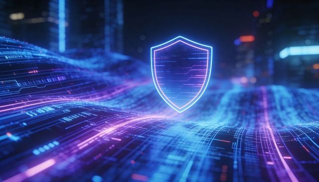 Neon shield protecting digital data streams across futuristic cyber network landscape