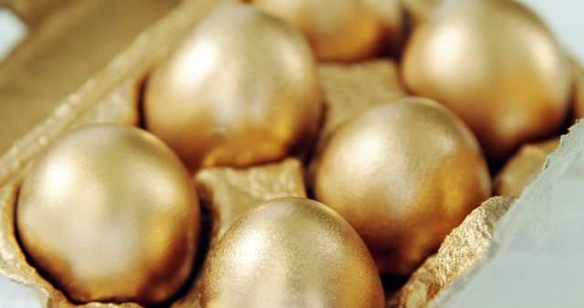 Golden eggs resting in a carton symbolize wealth and success. Perfect for illustrating financial concepts, investment opportunities, and themes related to prosperity and luxury. Can be used in advertisements, marketing materials, websites, and social media posts focused on financial planning and abundance.